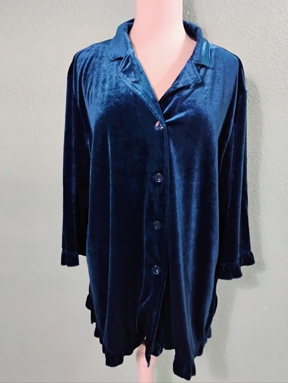 Vermont Country Store NWOT Sz 2X Blue Velvet Button Front Shirt  3/4 Sleeve